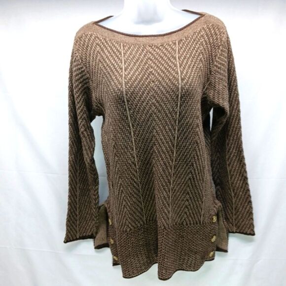 Herringbone Bodycon Knit Sweater Brown Boat Neck Accent Buttons Women's L Cotton - Picture 1 of 8